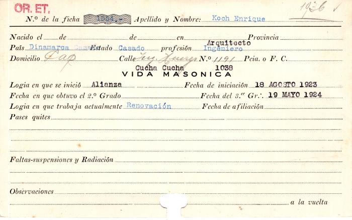 Ficha de miembro de Enrique Koch.