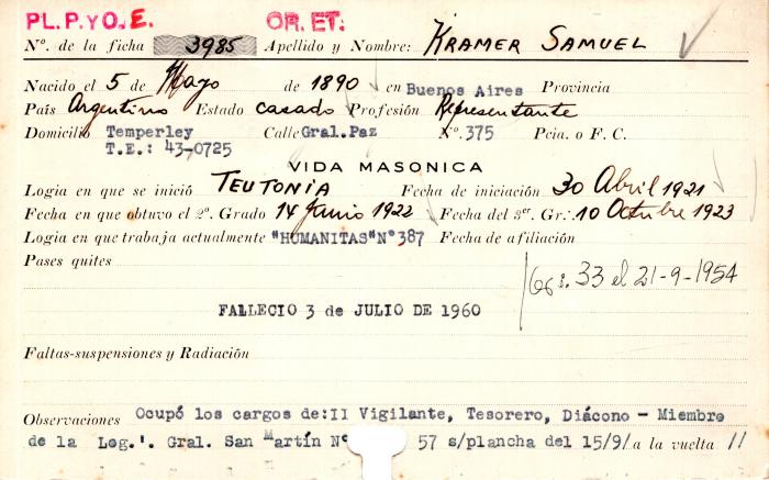 Ficha de miembro de Samuel  Kramer.