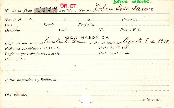 Ficha de miembro de José Jaime Kohen.