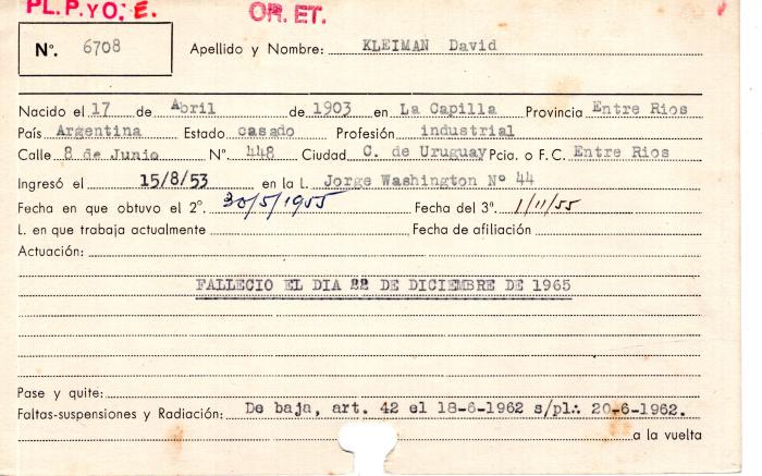 Ficha de miembro de David Kleiman.