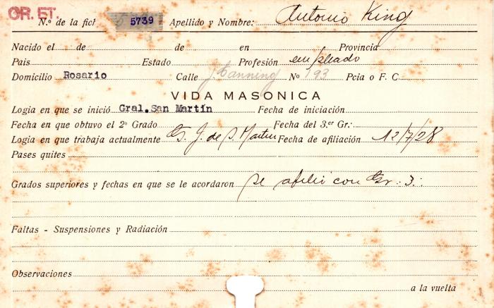 Ficha de miembro de Antonio King.