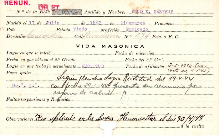 Ficha de miembro de Kastrup K. Knud.