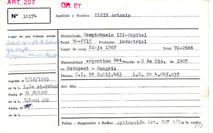 Ficha de miembro de Antonio Klein.
