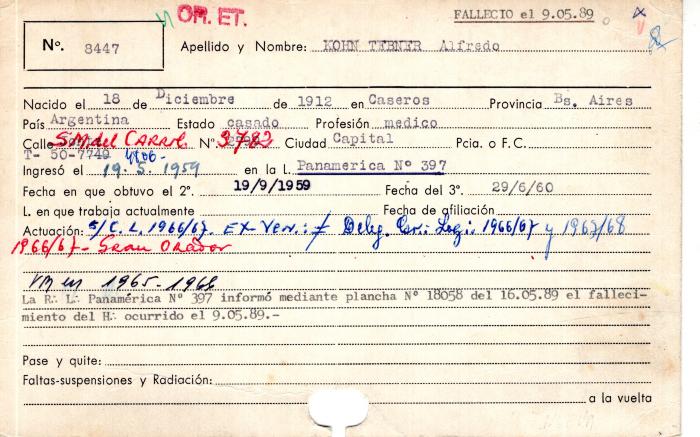 Ficha de miembro de Alfredo Kohn Tebner.