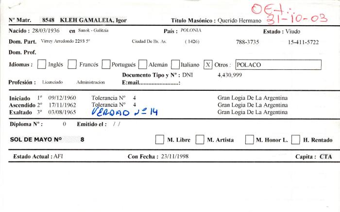 Ficha de miembro de Igor Kleh Gamaleia.