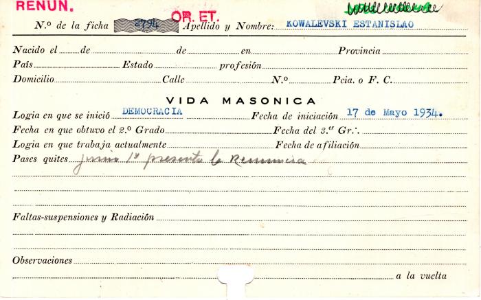 Ficha de miembro de Estanislao Kowalevski.