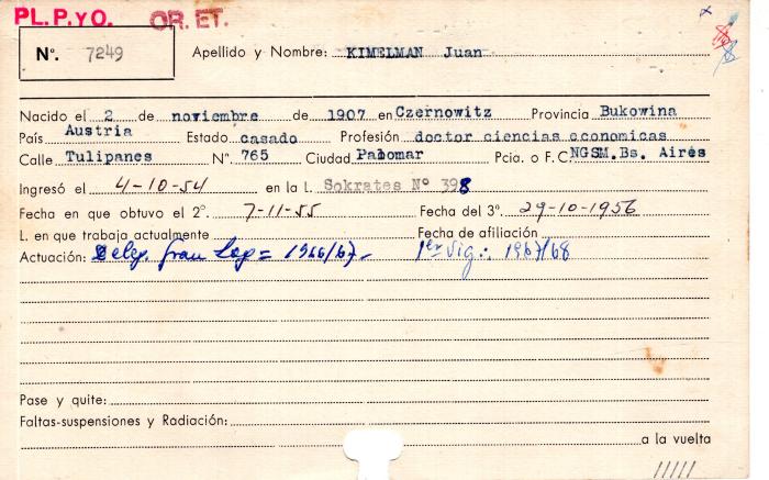 Ficha de miembro de Juan Kimelman.