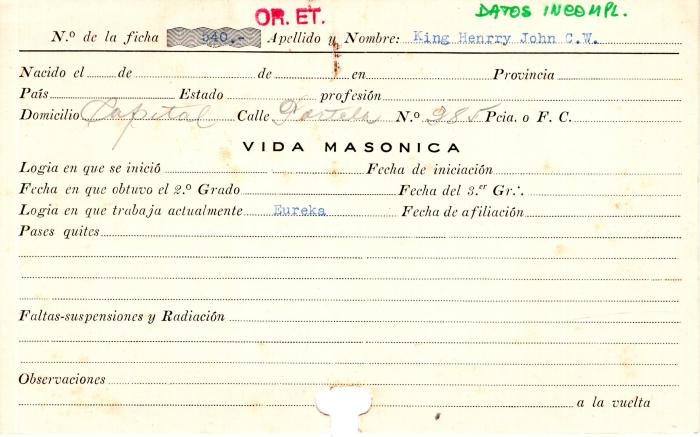 Ficha de miembro de Henry John C. W. King.