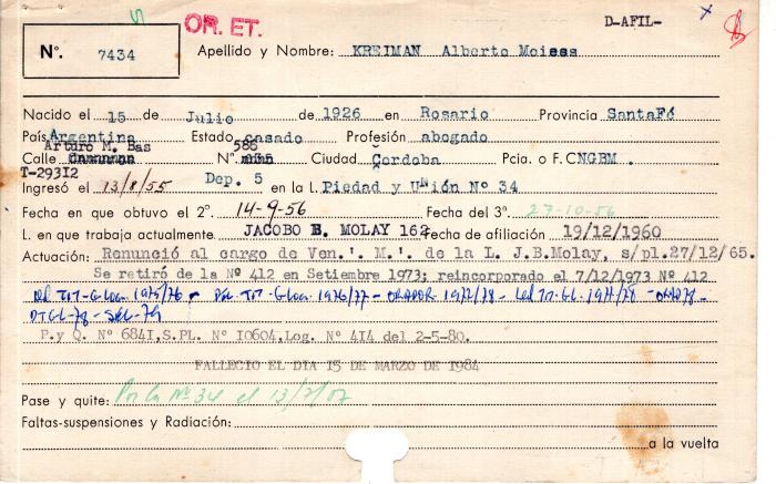 Ficha de miembro de Alberto Moisés Kreiman.
