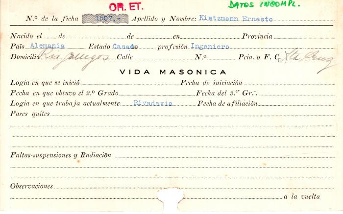 Ficha de miembro de Ernesto Kietzmann.