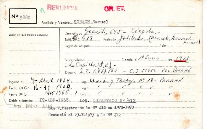 Ficha de miembro de Samuel Korach.