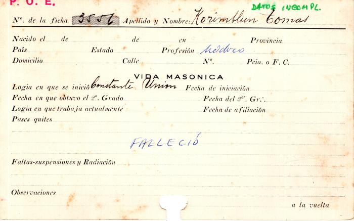 Ficha de miembro de Tomás Korimblum.