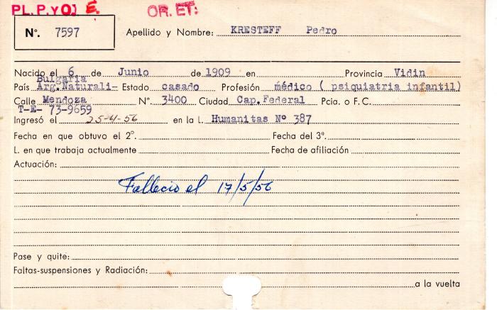 Ficha de miembro de Pedro Kresteff.
