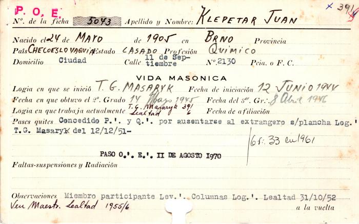 Ficha de miembro de Juan Klepetar.