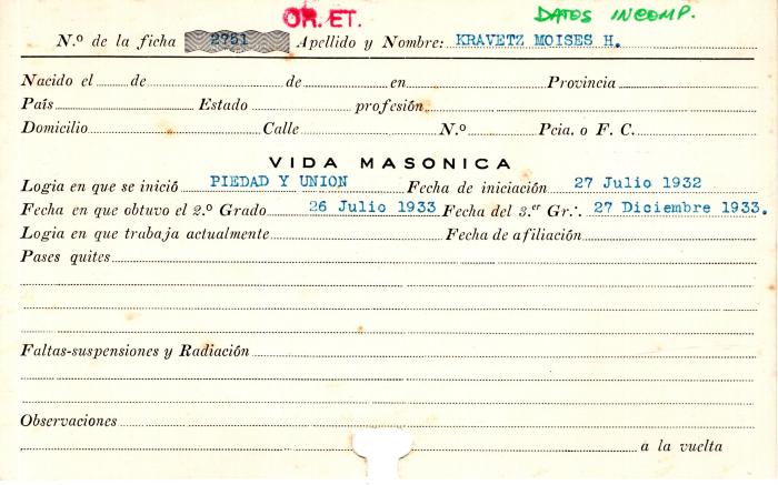 Ficha de miembro de Moises Kravetz.