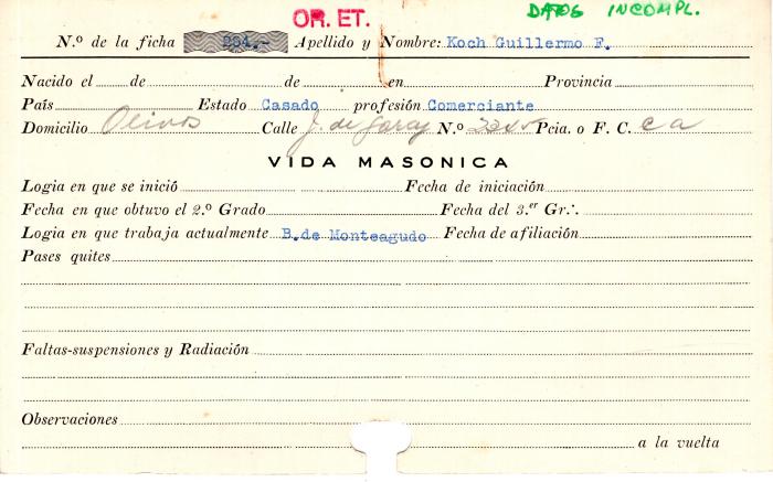 Ficha de miembro de Guillermo F. Koch.