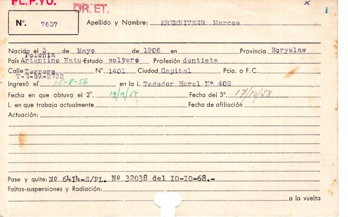 Ficha de miembro de Marcos Kremnitzer.