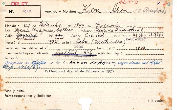 Ficha de miembro de Arnold Kon.