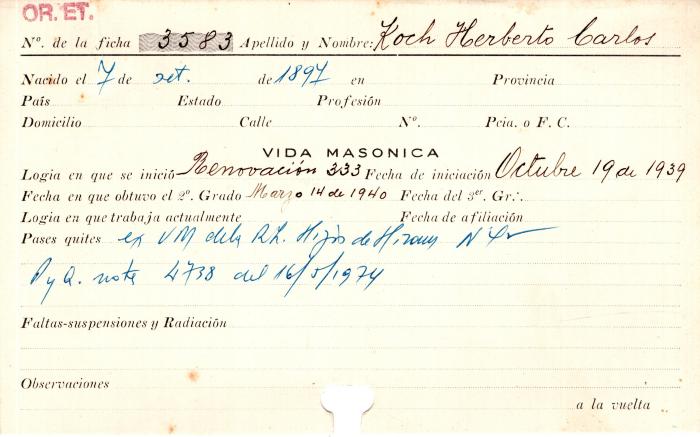 Ficha de miembro de Herberto Carlos Koch.