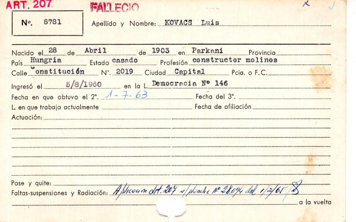 Ficha de miembro de Luis Kovacs.