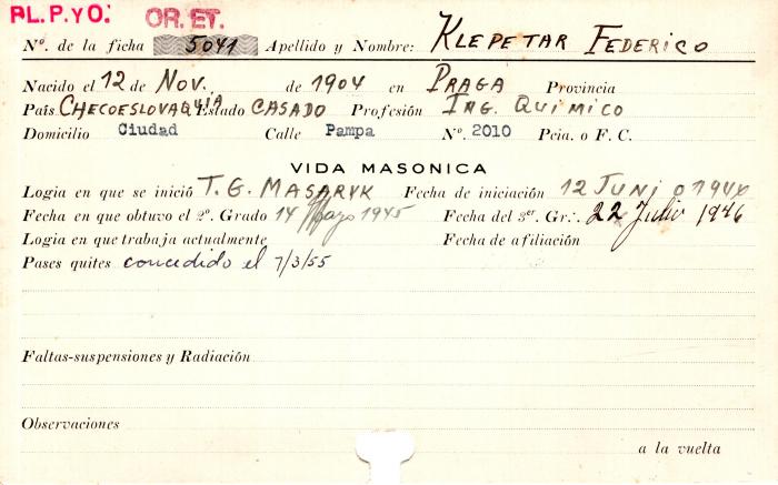 Ficha de miembro de Federico Klepetar.