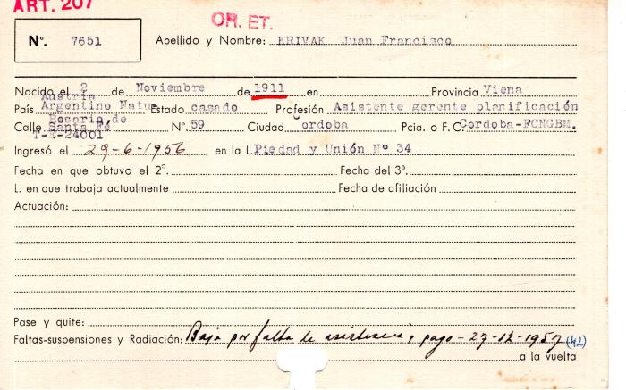 Ficha de miembro de Juan Francisco Krivak.