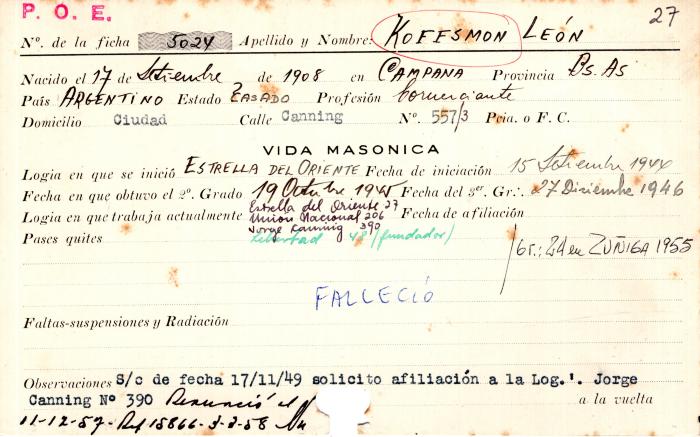Ficha de miembro de León Koffsmon.
