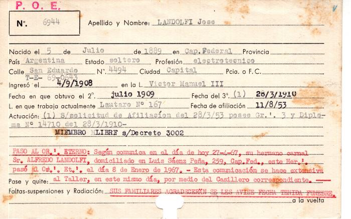Ficha de miembro de José Landolfi.