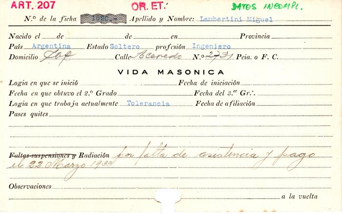 Ficha de miembro de Miguel Lambertini.