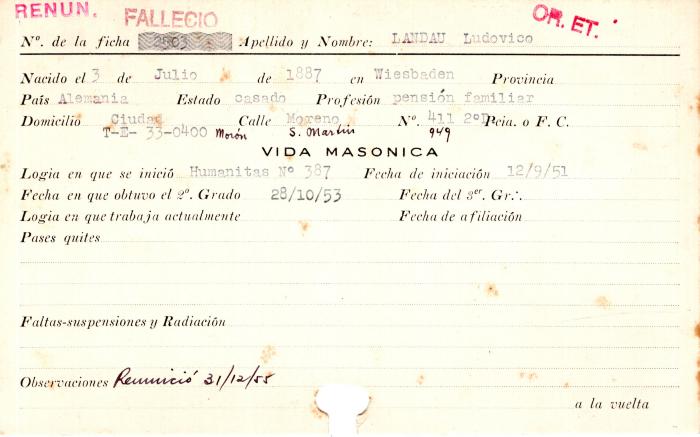 Ficha de miembro de Ludovico Landau.