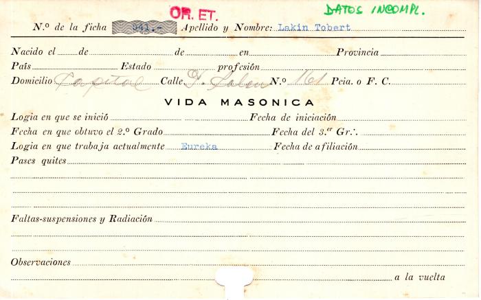 Ficha de miembro de Tobert Lakin.