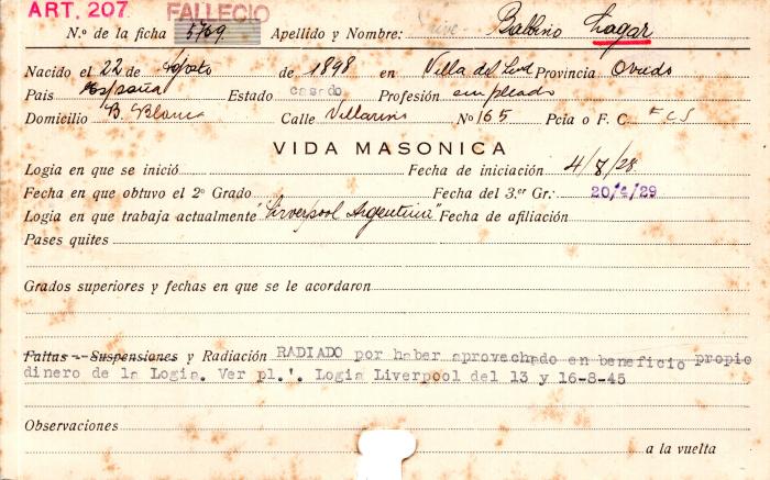 Ficha de miembro de Balbino Lagar.