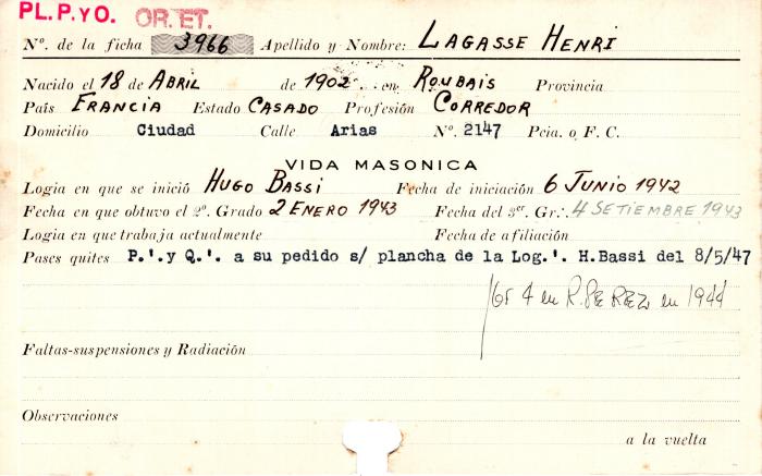 Ficha de miembro de Henri Lagasse.