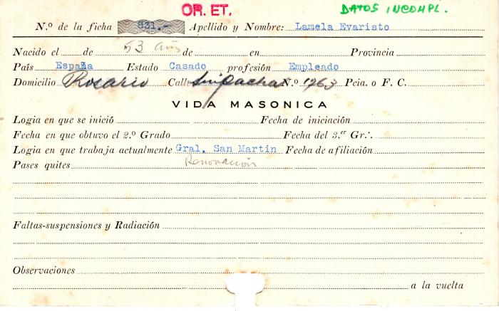 Ficha de miembro de Evaristo Lamela.