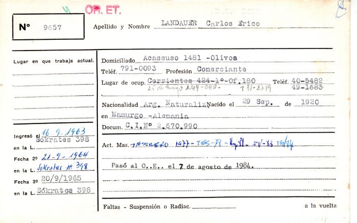Ficha de miembro de Carlos Erico Landauer.