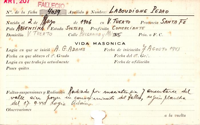 Ficha de miembro de Pedro Laboudigne.