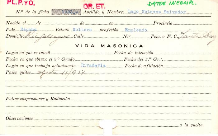 Ficha de miembro de Salvador Lago Estevez.