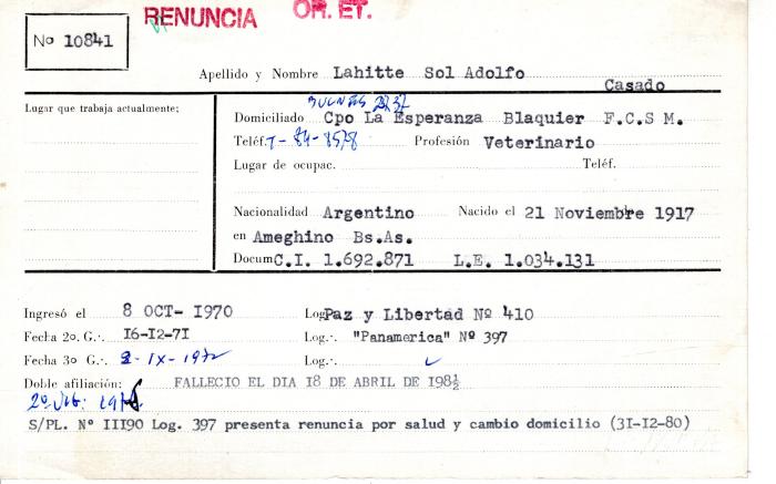 Ficha de miembro de Adolfo Lahitte Sol.