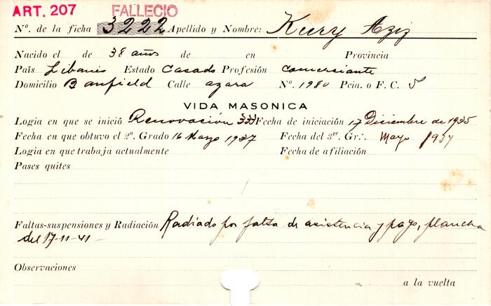 Ficha de miembro de Aziz Kury.