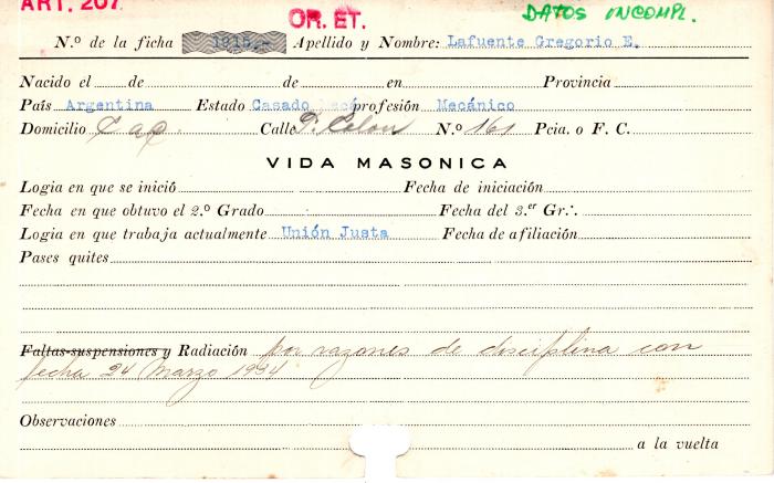 Ficha de miembro de Gregorio E. Lafuente.