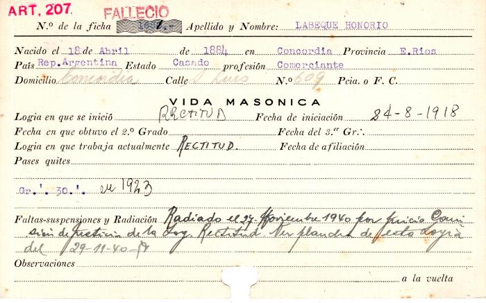Ficha de miembro de Honorio Labeque.
