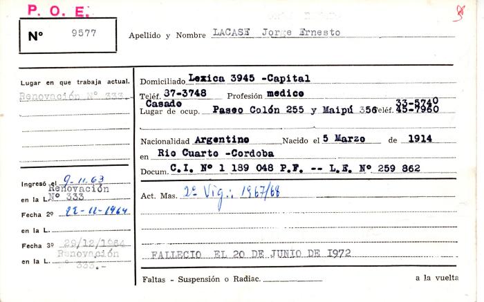 Ficha de miembro de Jorge Ernesto Lacase.