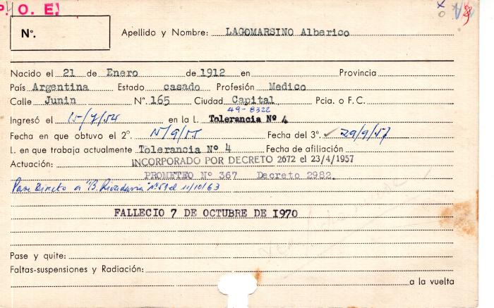 Ficha de miembro de Alberico Lagomarsino.