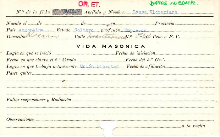 Ficha de miembro de Victoriano Laeze.