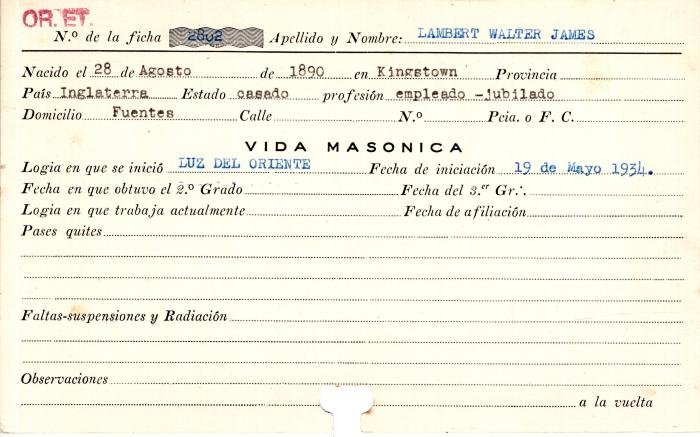 Ficha de miembro de Walter James Lambert.