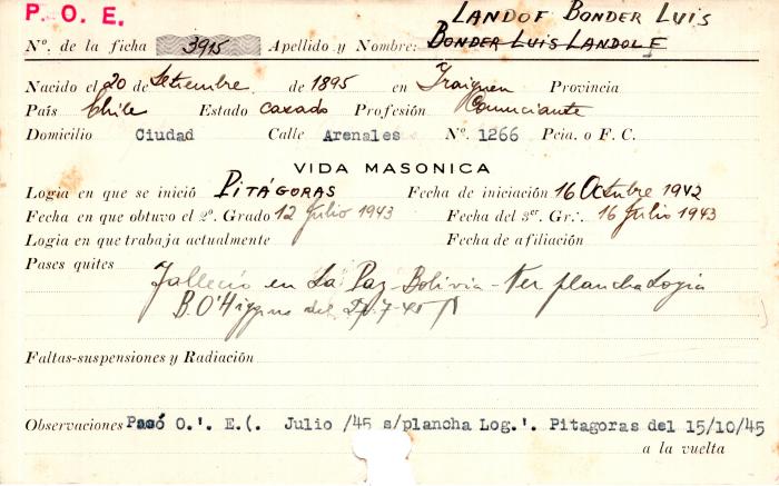 Ficha de miembro de Luis Landof Bonder.