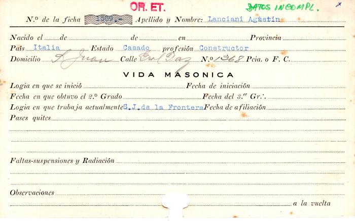 Ficha de miembro de Agustín Lanciani.