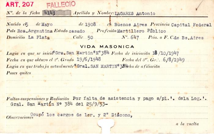 Ficha de miembro de Antonio Lagares.