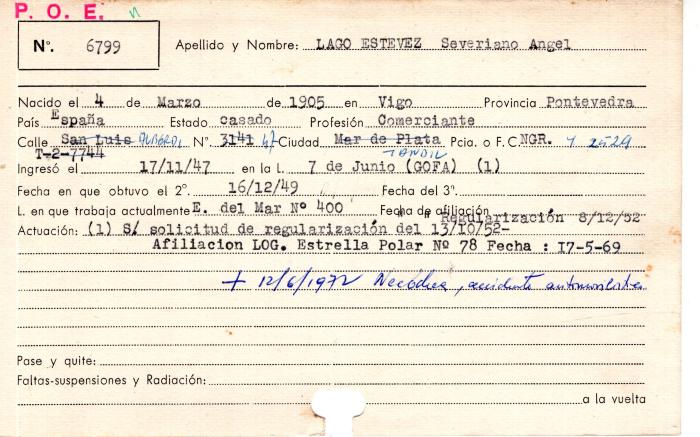 Ficha de miembro de Severiano Ángel Lago Estevez.