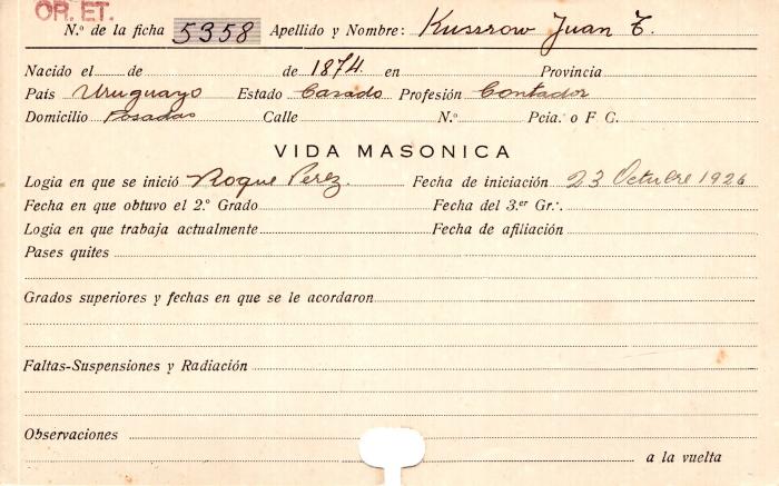 Ficha de miembro de Juan T. Kussrow.